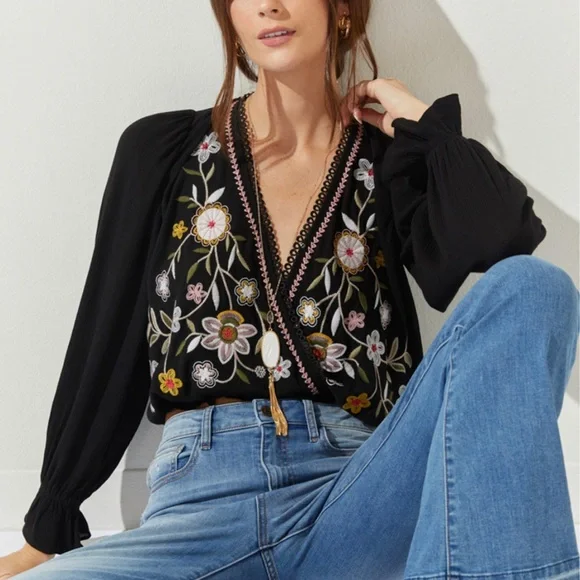 miami Black Floral Embroidered V-Neck Blouse - Picture 1 of 5